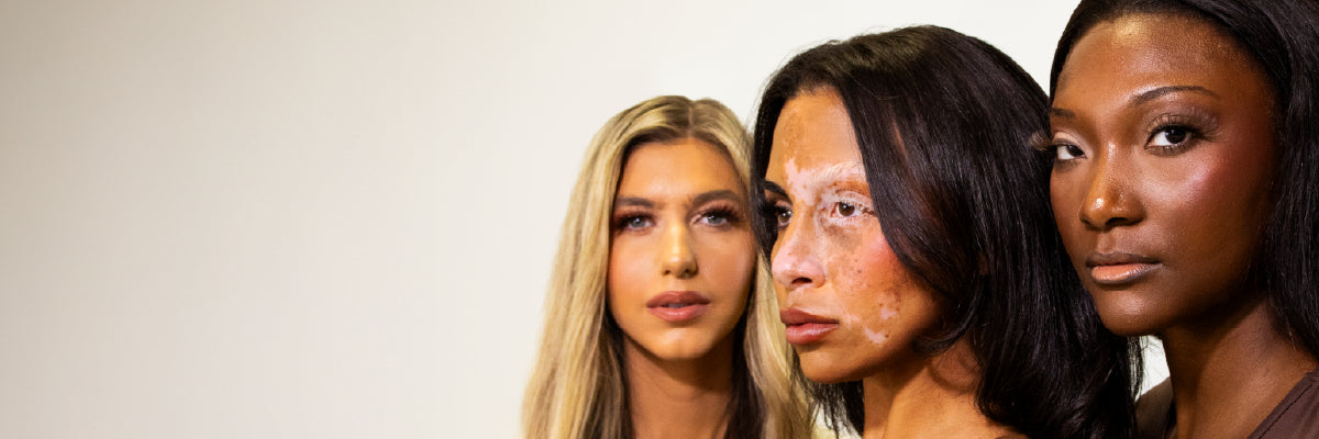 Three women of different skin tones showing the inclusivity of BAHIRA lashes